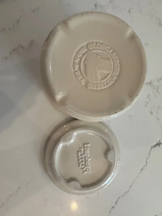 Longaberger Woven Traditions Cream Ceramic Canister with Maroon Accents - Picture 2 of 5